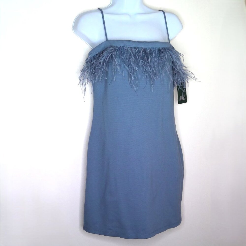 New Wild Fable Dress Party Bodycon Feather Trim Stretch Slate Blue NWT Sz M
